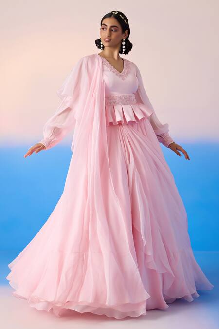 Mirroir Pink Organza, Viscose Sequins, Embellished Peplum Blouse With Lehenga Saree Online at Aza Fashions Mirroir_Pink Organza, Viscose Sequins, Embellished Peplum Blouse With Lehenga Saree _Online_at_Aza_Fashions