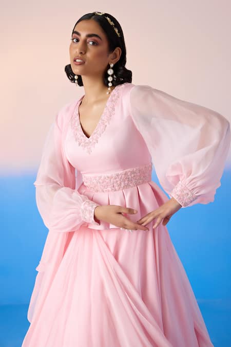 Shop Mirroir Pink Organza, Viscose Sequins, Embellished Peplum Blouse With Lehenga Saree Online at Aza Fashions Shop_Mirroir_Pink Organza, Viscose Sequins, Embellished Peplum Blouse With Lehenga Saree _Online_at_Aza_Fashions