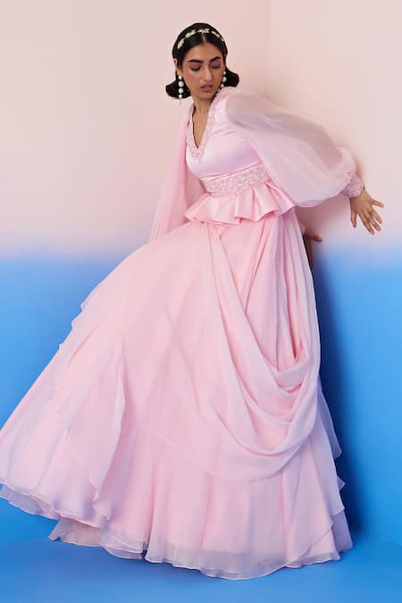 Mirroir Pink Organza, Viscose Sequins, Embellished Peplum Blouse With Lehenga Saree at Aza Fashions Mirroir_Pink Organza, Viscose Sequins, Embellished Peplum Blouse With Lehenga Saree _at_Aza_Fashions