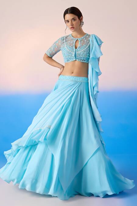 Mirroir Blue Georgette, Viscose Sequins, Crystals Embellished Blouse Lehenga Saree Set Online at Aza Fashions Mirroir_Blue Georgette, Viscose Sequins, Crystals Embellished Blouse Lehenga Saree Set _Online_at_Aza_Fashions