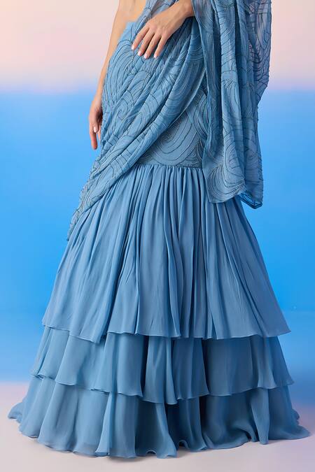 Mirroir Blue Georgette, Viscose Swirl Embellished Mermaid Lehenga Saree With Blouse Online at Aza Fashions Mirroir_Blue Georgette, Viscose Swirl Embellished Mermaid Lehenga Saree With Blouse _Online_at_Aza_Fashions