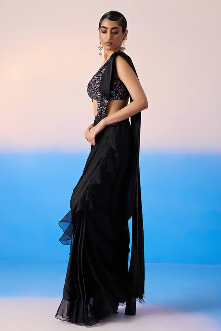 Mirroir Black Satin, Organza, Crepe Embellished Placement Lehenga Saree With Blouse Online at Aza Fashions Mirroir_Black Satin, Organza, Crepe Embellished Placement Lehenga Saree With Blouse _Online_at_Aza_Fashions