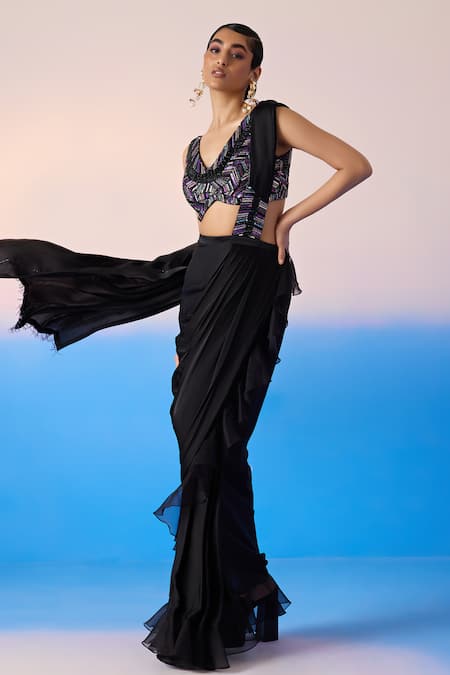 Buy Mirroir Black Satin, Organza, Crepe Embellished Placement Lehenga Saree With Blouse Online at Aza Fashions Buy_Mirroir_Black Satin, Organza, Crepe Embellished Placement Lehenga Saree With Blouse _Online_at_Aza_Fashions