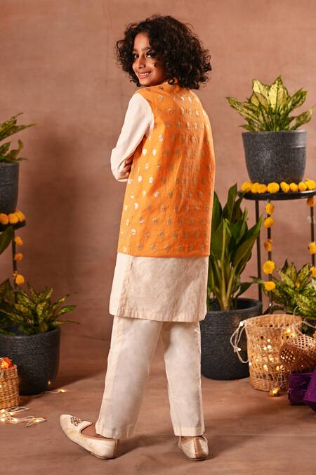 Woven Art Silk Jacquard Nehru Jacket in Orange : MLY1569