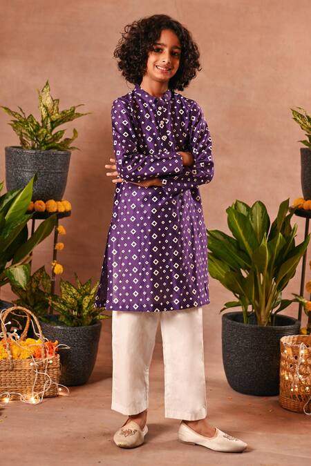 Shop Mini Trails Purple Cotton, Silk Geometric Print Kurta And Salwar Set at Aza Fashions Shop_Mini Trails_Purple Cotton, Silk Geometric Print Kurta And Salwar Set_at_Aza_Fashions