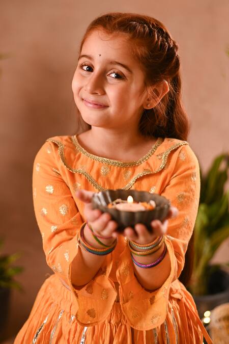 Mini Trails_Peach Silk, Chanderi, Cotton Embroidery Top And Lehenga Set _Online_at_Aza_Fashions