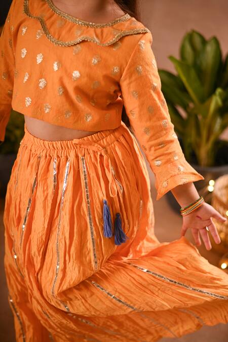 Buy_Mini Trails_Peach Silk, Chanderi, Cotton Embroidery Top And Lehenga Set _Online_at_Aza_Fashions