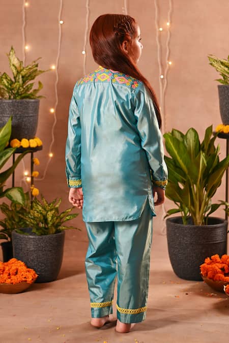 Mini Trails Yoke Embroidered Silk Shirt & Pant Set 