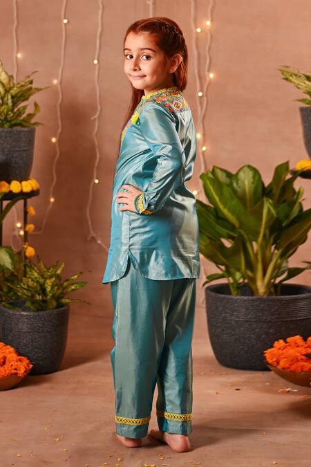 Mini Trails_Green Silk Embroidery Yoke Shirt And Pant Set _Online_at_Aza_Fashions