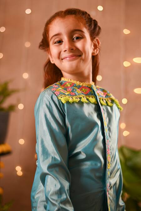 Buy_Mini Trails_Green Silk Embroidery Yoke Shirt And Pant Set _Online_at_Aza_Fashions