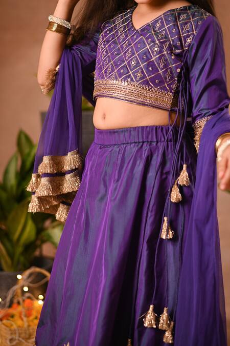 Buy_Mini Trails_Purple Silk, Cotton, Net Sequins, Embroidery Angrakha Top Lehenga Set_Online_at_Aza_Fashions