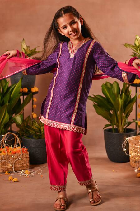 Mini Trails_Purple Chanderi Silk Embroidery, Zari Bandhani Print Kurta Salwar Set_Online_at_Aza_Fashions