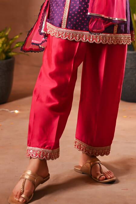 Buy_Mini Trails_Purple Chanderi Silk Embroidery, Zari Bandhani Print Kurta Salwar Set_Online_at_Aza_Fashions