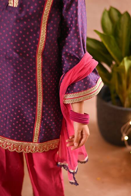 Shop_Mini Trails_Purple Chanderi Silk Embroidery, Zari Bandhani Print Kurta Salwar Set_Online_at_Aza_Fashions