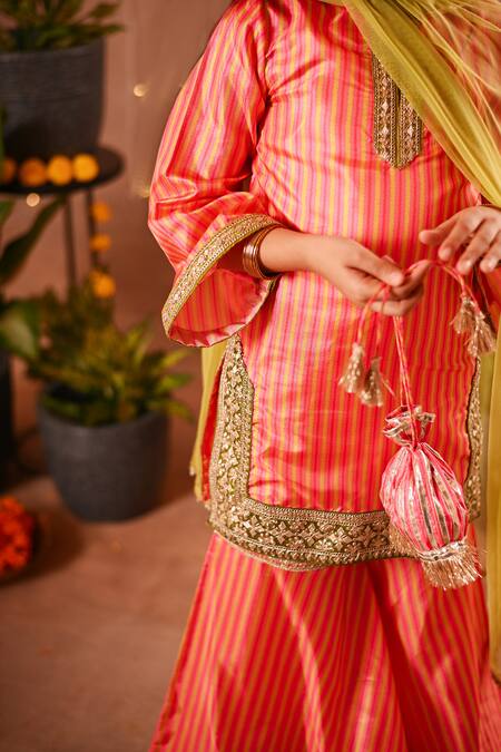 Buy_Mini Trails_Multi Color Silk Sequins, Embroidery Striped Print Kurta Sharara Set_Online_at_Aza_Fashions