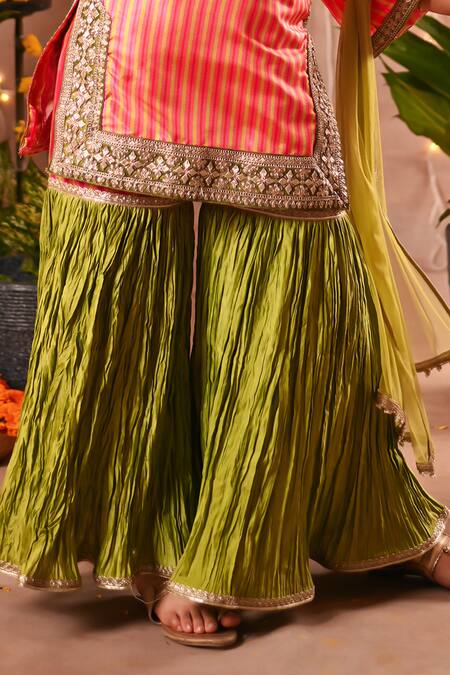 Mini Trails_Pink Cotton, Silk Sequins, Embroidery Striped Pattern Kurta Sharara Set_Online_at_Aza_Fashions