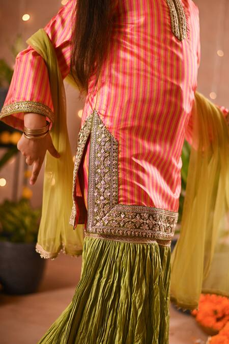 Buy_Mini Trails_Pink Cotton, Silk Sequins, Embroidery Striped Pattern Kurta Sharara Set_Online_at_Aza_Fashions