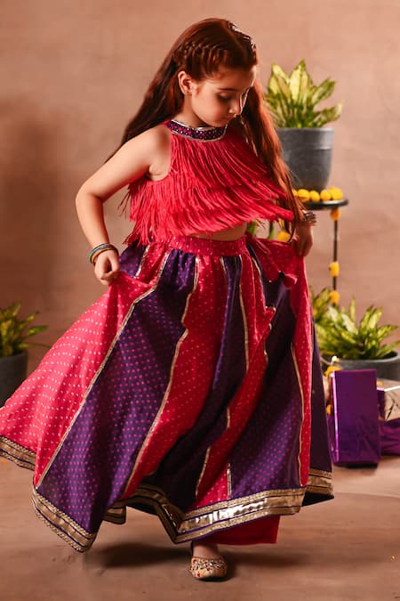 Mini Trails_Pink Cotton, Silk Zari, Gota Patti, Fringe, Top And Bandhani Print Lehenga Set_Online_at_Aza_Fashions