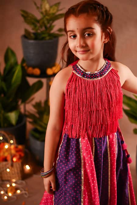 Buy_Mini Trails_Pink Cotton, Silk Zari, Gota Patti, Fringe, Top And Bandhani Print Lehenga Set_Online_at_Aza_Fashions