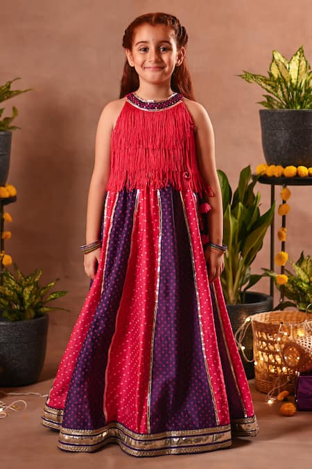Shop_Mini Trails_Pink Cotton, Silk Zari, Gota Patti, Fringe, Top And Bandhani Print Lehenga Set_Online_at_Aza_Fashions