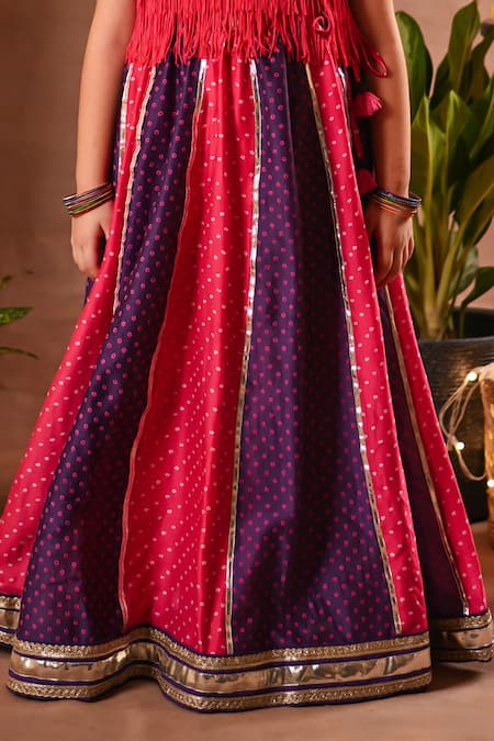 Mini Trails_Pink Cotton, Silk Zari, Gota Patti, Fringe, Top And Bandhani Print Lehenga Set_at_Aza_Fashions