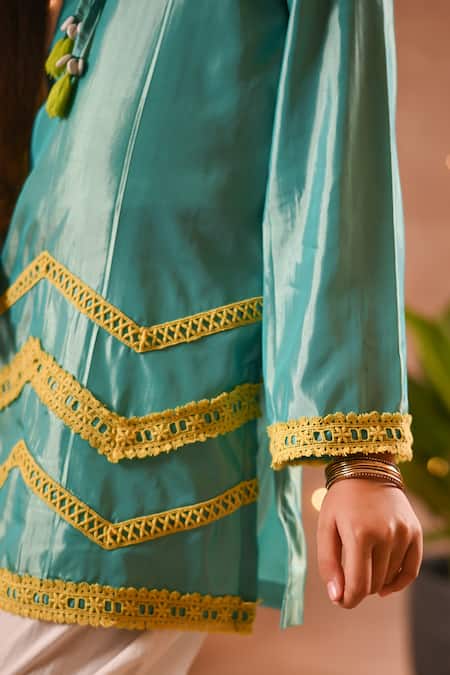 Buy_Mini Trails_Blue Silk, Cotton Lace Embroidered Kurta And Pant Set _Online_at_Aza_Fashions