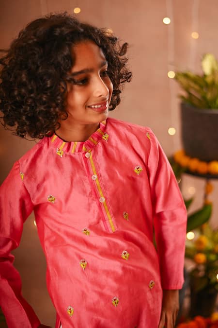 Buy_Mini Trails_Pink , Satin Embroidery Kurta And Pant Set _Online_at_Aza_Fashions