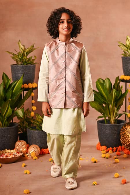 Mini Trails Peach Cotton Silk Embroidered Thread Nehru Jacket And Kurta Set 