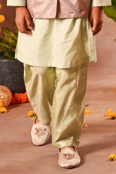 Mini Trails_Cream , Satin Sequins, Embroidery Kurta Set With Nehru Jacket _Online_at_Aza_Fashions