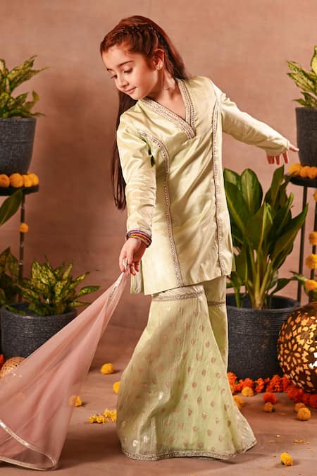 Mini Trails_Green Silk, , Satin Beads, Embroidery Thread Kurta Sharara Set _Online_at_Aza_Fashions
