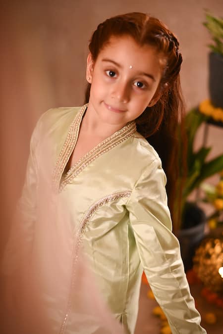 Shop_Mini Trails_Green Silk, , Satin Beads, Embroidery Thread Kurta Sharara Set _Online_at_Aza_Fashions