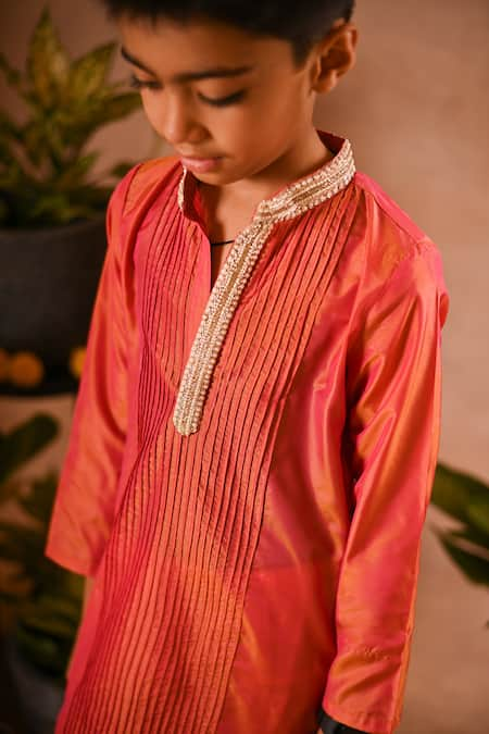 Mini Trails Orange Silk Embroidered Thread Kurta And Pant Set 