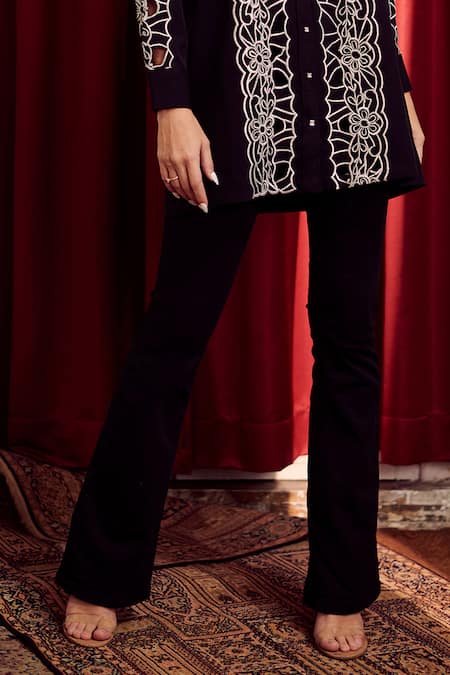 Buy Nika 1.0 Black Crepe Embroidery Collared Esla Metallic Shirt Pant Set Online at Aza Fashions Buy_Nika 1.0_Black Crepe Embroidery Collared Esla Metallic Shirt Pant Set _Online_at_Aza_Fashions