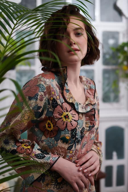 Nika 1.0_Multi Color Cotton Embroidery Round Neck Lisa Flora Pattern Dress _Online_at_Aza_Fashions