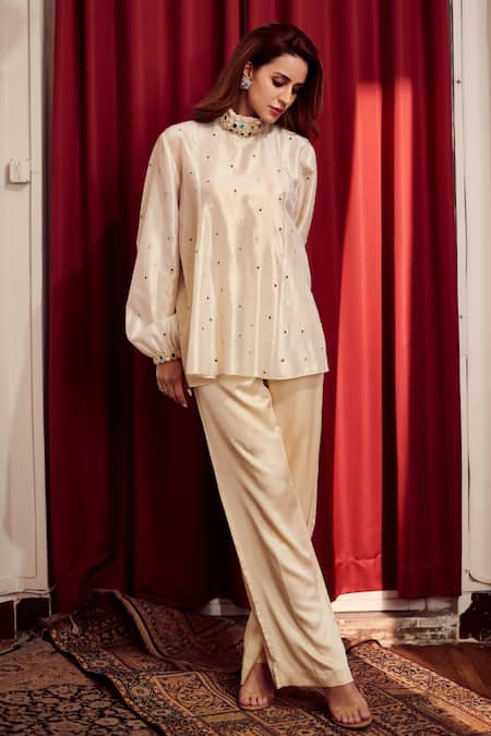 Nika 1.0 Cream 100% Georgette + Satin Pant Hand Embroidered Nelly Top And Set 