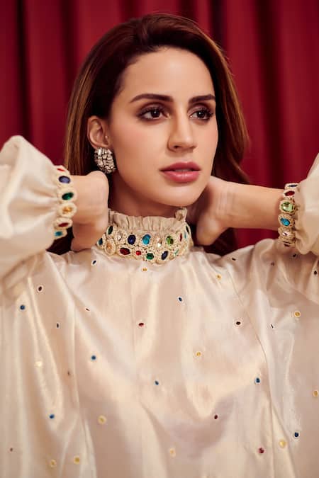 Buy Nika 1.0 Cream Silk, Georgette, Satin Stones Nelly Hand Embroidered Top And Pant Set Online at Aza Fashions Buy_Nika 1.0_Cream Silk, Georgette, Satin Stones Nelly Hand Embroidered Top And Pant Set _Online_at_Aza_Fashions