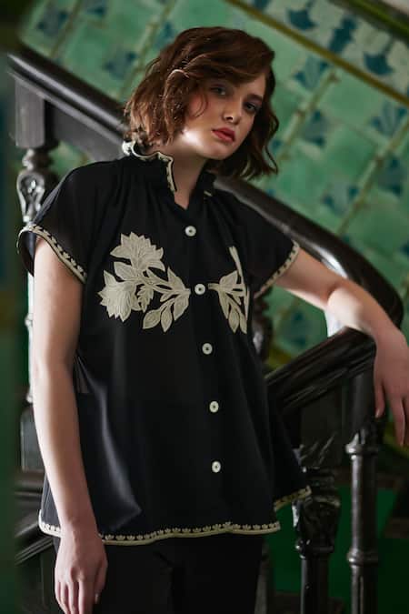 Nika 1.0 Black Crepe Embroidery Collared Paola Floral Shirt And Pant Set Online at Aza Fashions Nika 1.0_Black Crepe Embroidery Collared Paola Floral Shirt And Pant Set _Online_at_Aza_Fashions