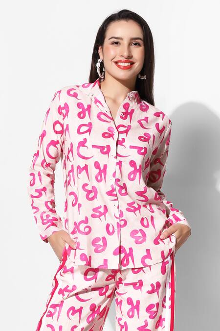 16stitches_Pink Egyptian Cotton Devnagari Shirt Collar Pattern With Pant_Online_at_Aza_Fashions