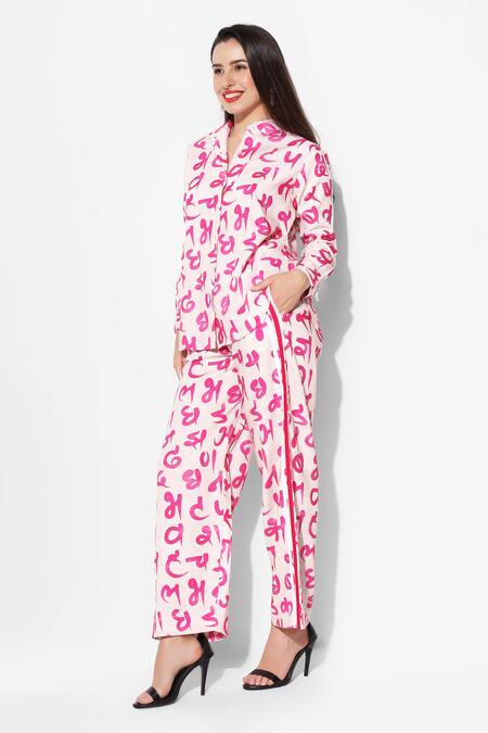 Shop_16stitches_Pink Egyptian Cotton Devnagari Shirt Collar Pattern With Pant_Online_at_Aza_Fashions
