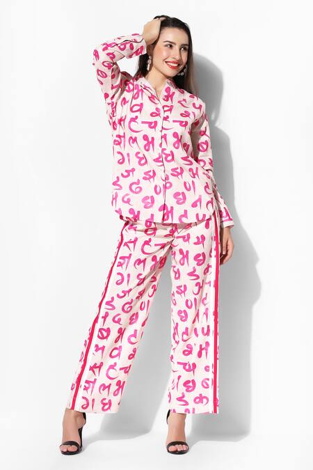 16stitches_Pink Egyptian Cotton Devnagari Shirt Collar Pattern With Pant_at_Aza_Fashions