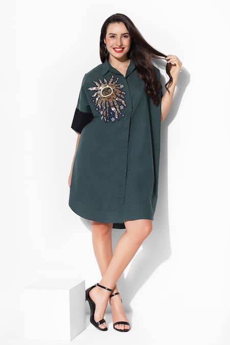 16Stitches Green Egyptian Cotton Embellishment Sequin Shirt Glitter Dress  