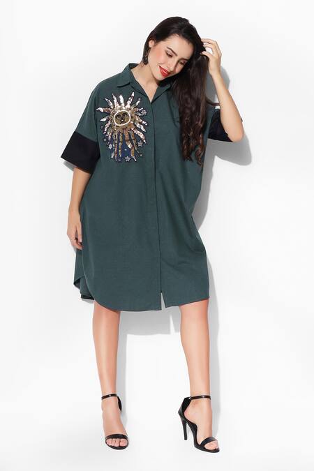 Shop 16stitches Green Egyptian Cotton Embellishment Sequin Shirt Collar Glitter Dress at Aza Fashions Shop_16stitches_Green Egyptian Cotton Embellishment Sequin Shirt Collar Glitter Dress_at_Aza_Fashions