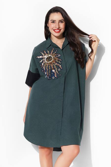 16stitches Green Egyptian Cotton Embellishment Sequin Shirt Collar Glitter Dress Online at Aza Fashions 16stitches_Green Egyptian Cotton Embellishment Sequin Shirt Collar Glitter Dress_Online_at_Aza_Fashions