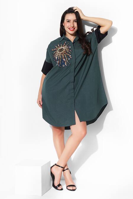 Buy 16stitches Green Egyptian Cotton Embellishment Sequin Shirt Collar Glitter Dress Online at Aza Fashions Buy_16stitches_Green Egyptian Cotton Embellishment Sequin Shirt Collar Glitter Dress_Online_at_Aza_Fashions