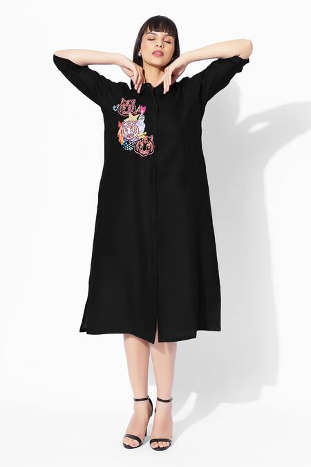 16stitches_Black Linen Embroidery Collared Maya Animal Pattern Dress_Online_at_Aza_Fashions