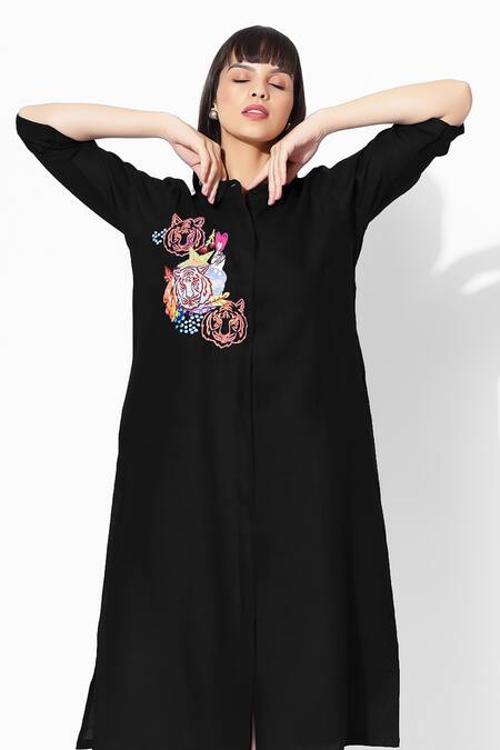 Buy_16stitches_Black Linen Embroidery Collared Maya Animal Pattern Dress_Online_at_Aza_Fashions