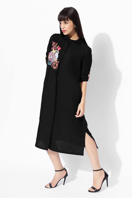 Shop_16stitches_Black Linen Embroidery Collared Maya Animal Pattern Dress_Online_at_Aza_Fashions
