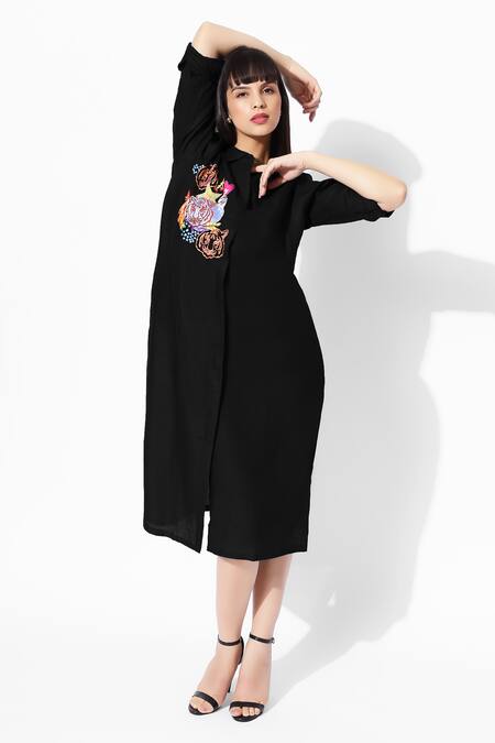16stitches_Black Linen Embroidery Collared Maya Animal Pattern Dress_at_Aza_Fashions