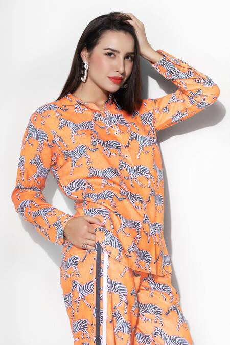 16stitches_Orange Egyptian Cotton Zebra Shirt Collar Vayu Pattern With Pant_Online_at_Aza_Fashions