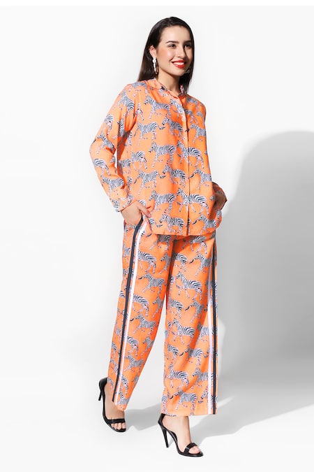 Buy_16stitches_Orange Egyptian Cotton Zebra Shirt Collar Vayu Pattern With Pant_Online_at_Aza_Fashions